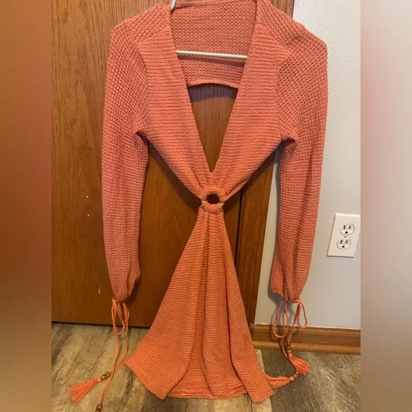 SHEIN XS salmon, long sleeve, cut out mini dress ring front detail and ties - Picture 1 of 5